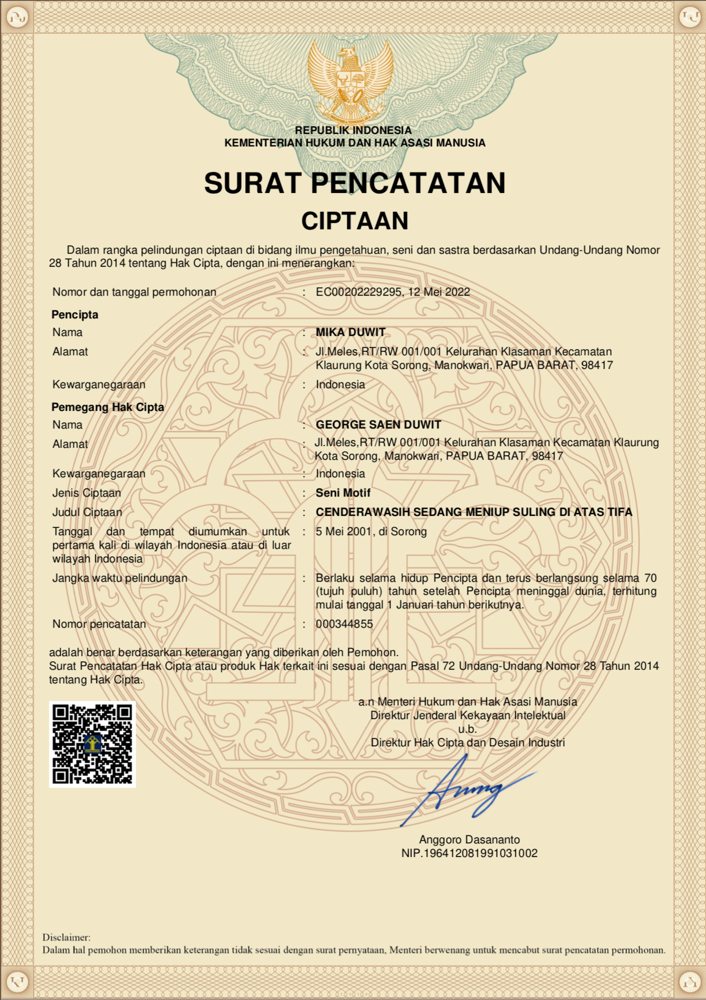 Motif Cenderawasih Sedang Meniup Suling di Atas Tifa